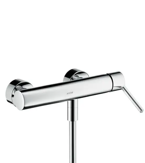 Ein AXOR Einhebel-Brausemischer mit chromfarbener Oberfläche und seitlichem Hebelgriff zur Temperatur- und Wassermengenregulierung.